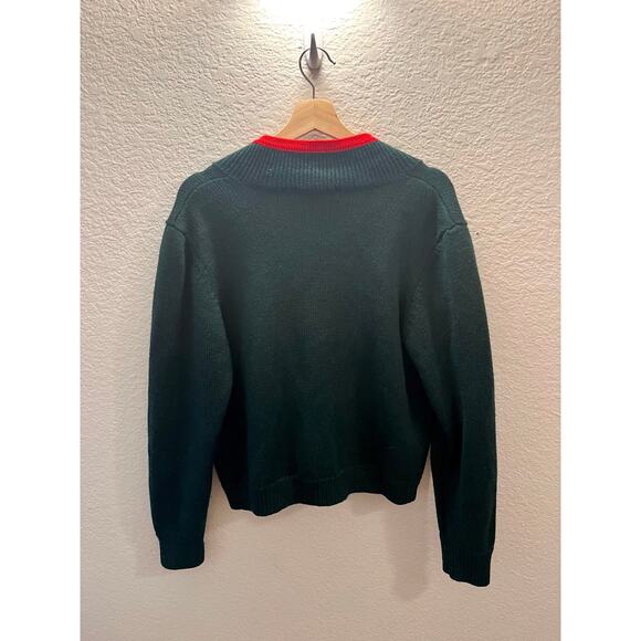 Vtg LL Bean 100% Wool Cardigan Nordic Alpine Green Red Trim Large Grandmacore - Picture 10 of 10
